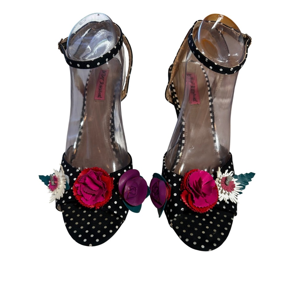 Betsey Johnson Polka Dot Striped Floral Applique Ankle Strap Heels Size 10